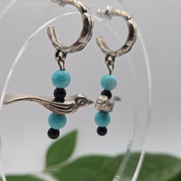 Vintage Silvertone Post Hoops Birds and Blue Beads Drop Dangle Earrings - Picture 2 of 6